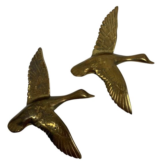 Set of TWO Flying Swan Brass Goose Duck Paperweight Windcurrent Collection MCM - Picture 1 of 6